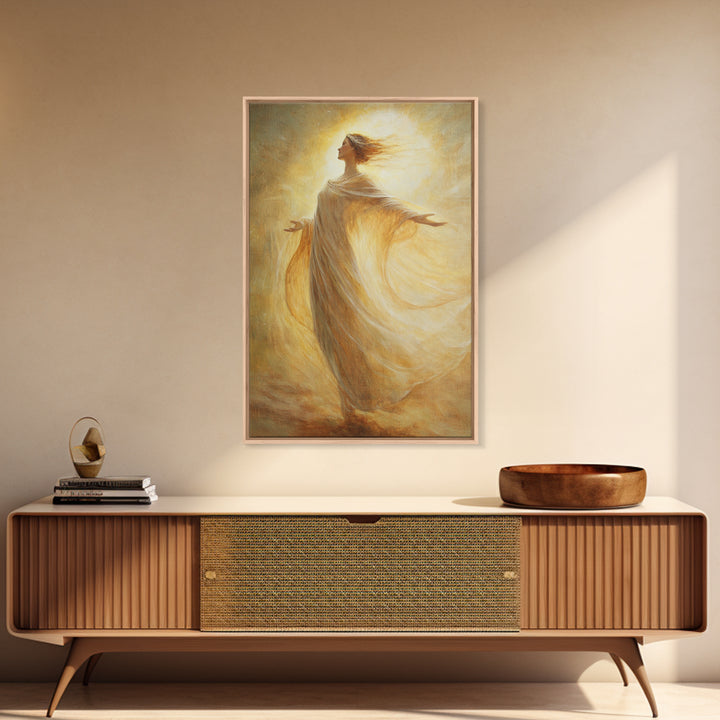Radiant Golden Goddess Canvas Print, Stunning Angel Art Prints in Moody Style, Perfect Above Bed or as Warm Bedroom Wall Art
