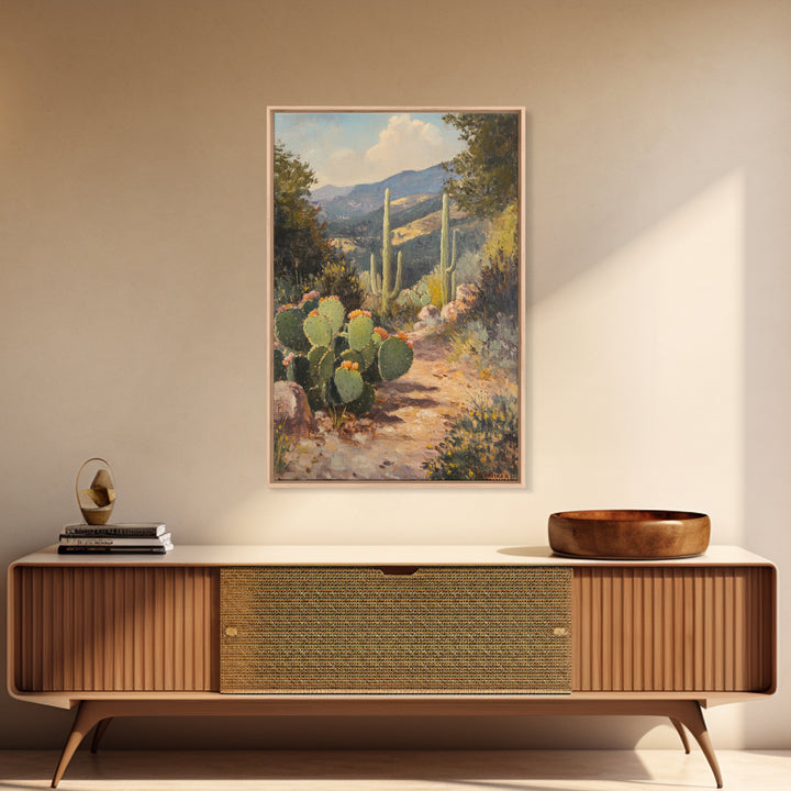 Cactus Bloom Framed Canvas Print Rustic Wall Art Living Room Decor Farmhouse Wall Art Original Painting Gift Idea Landscape Art