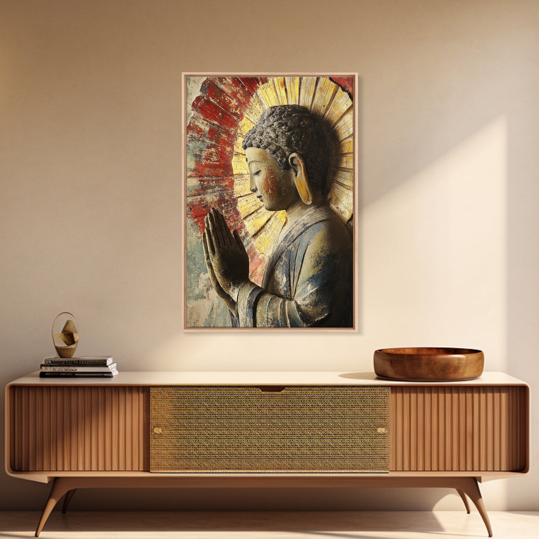 Buddha Prayer Sculpture Framed Canvas Print Zen Wall Art Rustic Decor Sacred Geometry Wall Art Therapy Art Living Room Art Buddha Art
