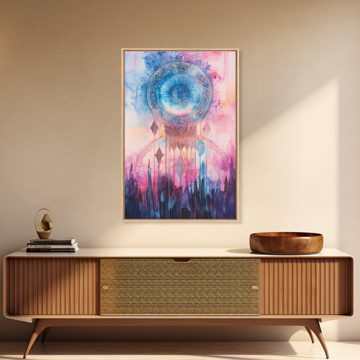 Mystic Sacred Geometry Framed Canvas Print with Bahai Art Elements and Vibrant Pink Blue Abstract, Boho Home Wall Decor