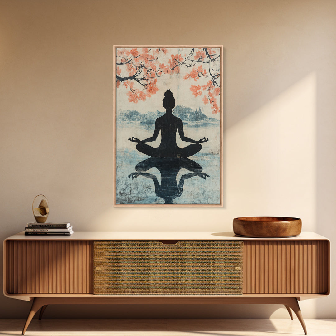 Cherry Blossom Canvas Print Featuring Zen Silhouette, Oriental Inspired Wabi Sabi Art, Minimalist Yoga Wall Art for Tranquility