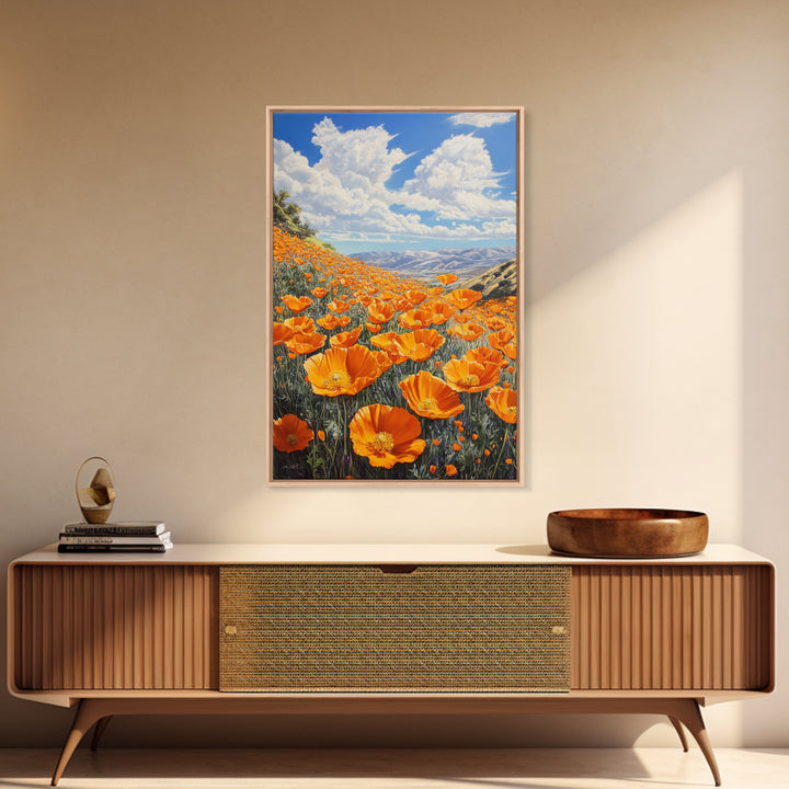 California Poppy Canvas Print with Vibrant Wildflower Painting, Rustic Living Room Art, Nature Landscape for Farmhouse Wall Decor