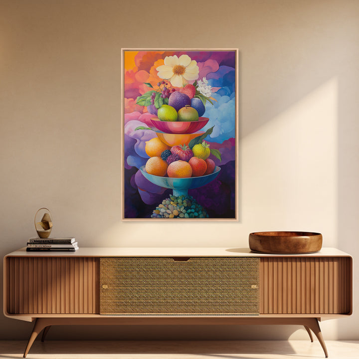 Colorful Fruit Bowl Canvas Print Featuring Still Life Painting, Whimsical Kitchen Art, Vibrant Food Review Wall Art for Dining Spaces