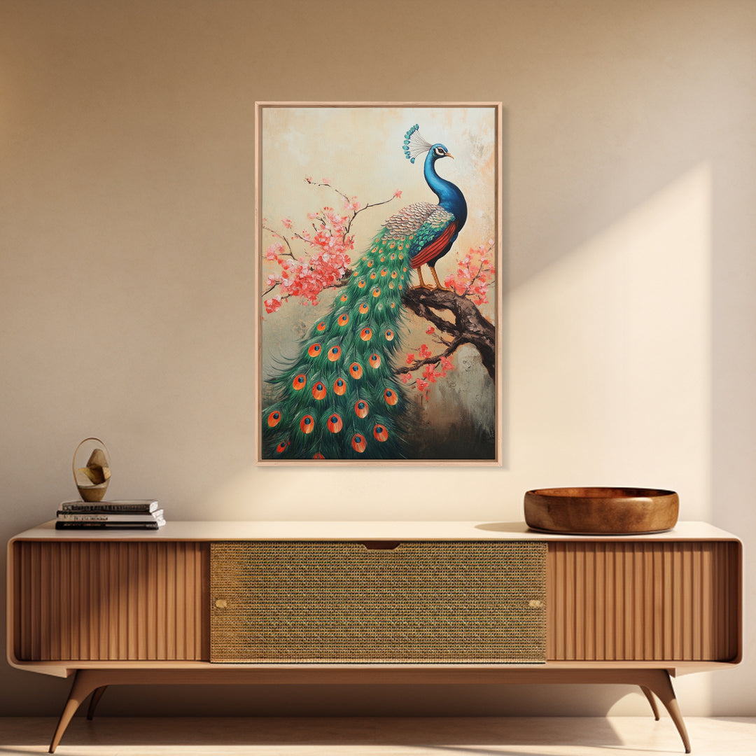 Peacock Canvas Print with Cherry Blossom Painting, Vibrant Oriental Art, Rustic Chinoiserie Wall Decor, Bold Statement Piece for Living Room