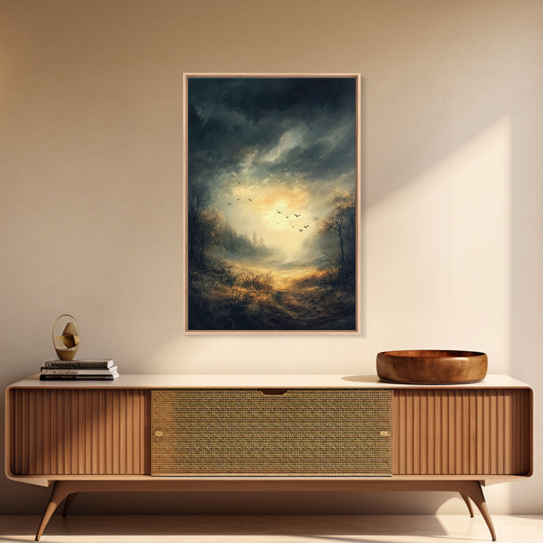 Landscape Painting Framed Canvas Print Featuring Sunset Over Autumn Forest with Dark Romantic Smoky Mountain Art and Rustic Decor
