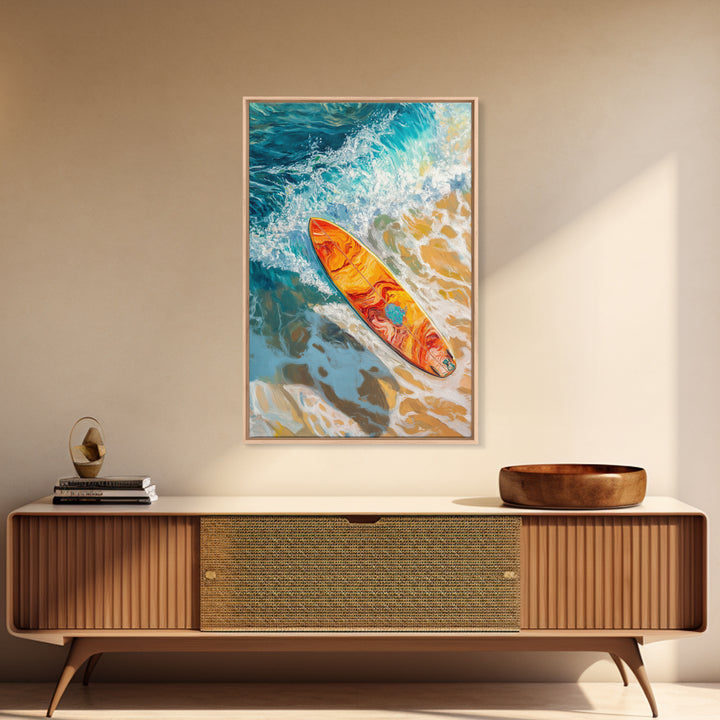 Surfboard Ocean Canvas Print with Coastal Landscape Art and Nautical Beach Decor for Summer Living Room or Bedroom Wall