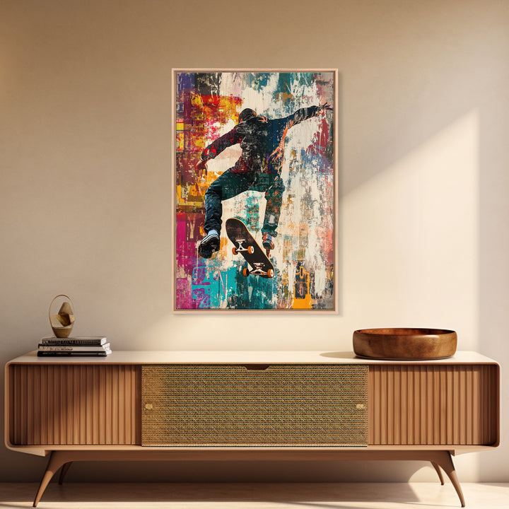 Urban Skater Canvas Print with Graffiti Wall Art and Street Style Design, Perfect for Modern Chicano Art Inspired Decor