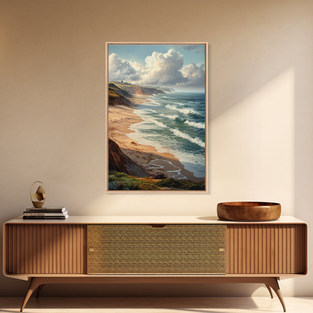 Coastal Seascape Framed Canvas Print Ocean Landscape Painting Cliffside Waves Art Nautical Coastal Decor Above Sofa Rustic Living Room Art