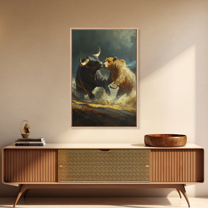 Bull and Bear Clash Framed Canvas Print Rustic Wall Art Gift Idea Financial Decor Wild Animals Artwork Moody Wall Art Rustic Living Room Decor