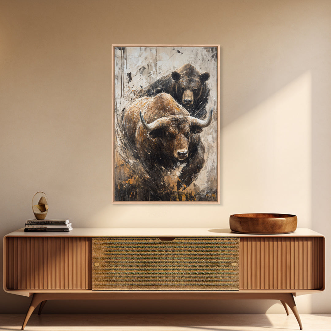 Bull and Bear Dynamic Framed Canvas Print Rustic Wall Art Financial Market Theme Gift Idea Living Room Decor Unique Animal Artwork Rustic Art