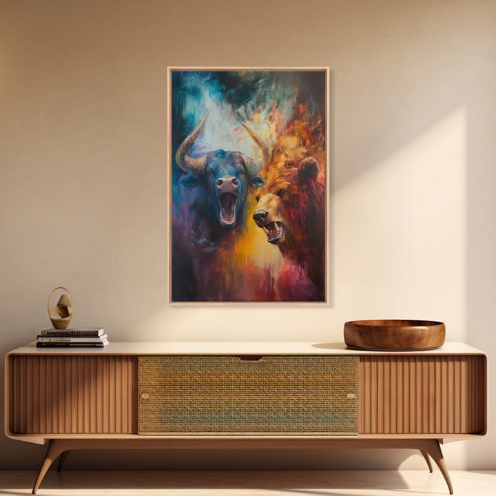 Bull and Bear Duel Framed Canvas Print Vibrant Moody Art Rustic Wall Art Unique Gift Idea Living Room Decor Animal Art Financial Market Theme