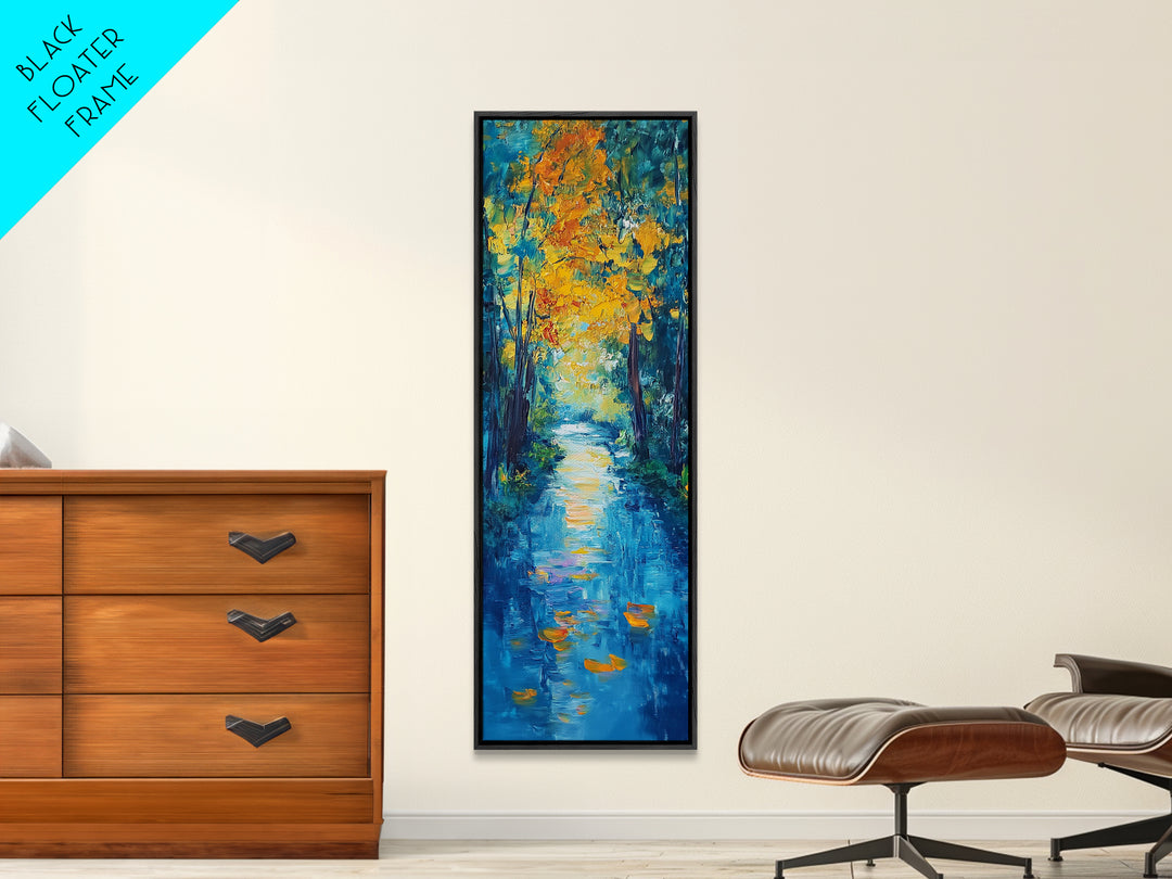 Autumn Reflection, fall painting, birch tree art, mountain painting, rustic wall art, panoramic art, Framed Canvas Print