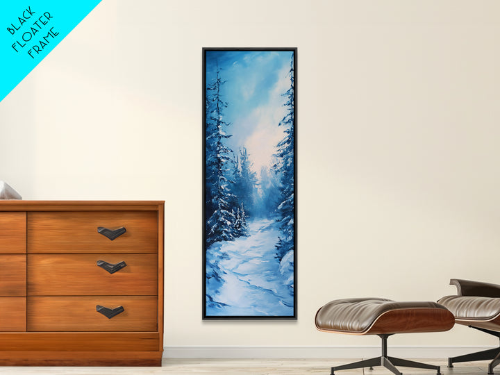 Winter Path, snowy pine tree art, moody art, Christmas wall art, wabi sabi art, landscape painting, Framed Canvas Print