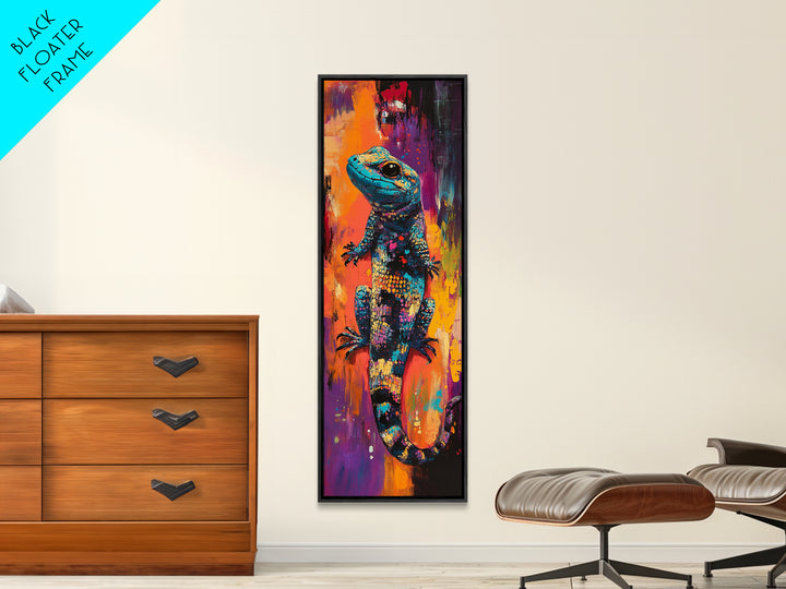 Colorful Lizard, whimsical art, chicano art, boho art, blotter art, psychedelic painting, extra wide art, Framed Canvas Print