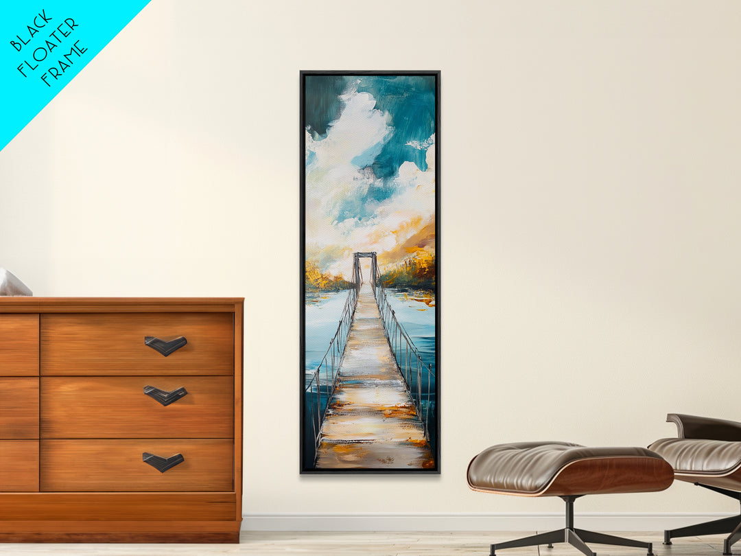 Bridge Over Water, rustic decor, wabi sabi art, boho art, tall skinny art, extra wide art, Framed Canvas Print, farmhouse art