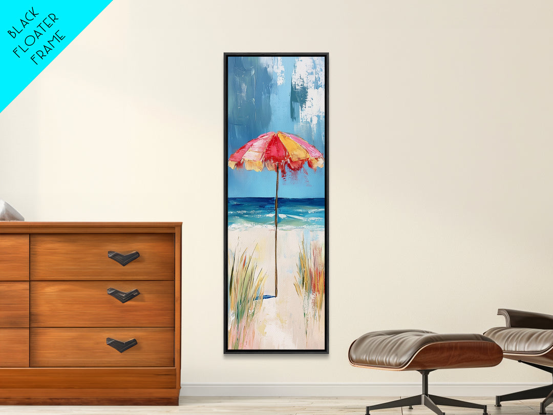 Beach Umbrella, Ocean Breeze, Coastal Decor, Surf Wall Art, Nautical Painting, Coastal Wall Art, Framed Canvas Print, Tall Skinny Art