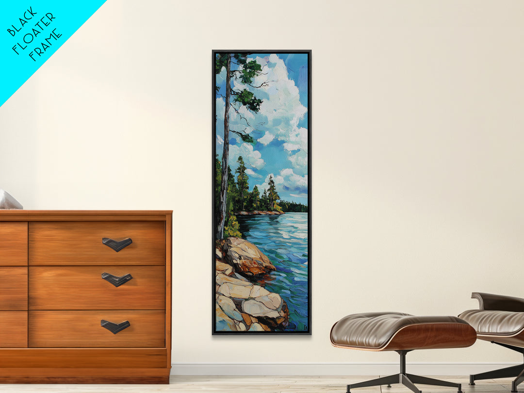 Rocky Shore, Pine Tree Art, Coastal Landscape, Nautical Painting, Blue and Green Wall Art, Framed Canvas Print,