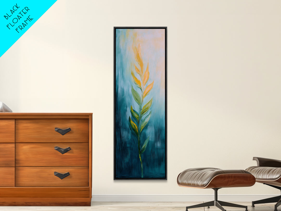 Botanical, teal and gold, minimalist art, wabi sabi art, vertical wall art, framed canvas print, modern decor, bedroom art