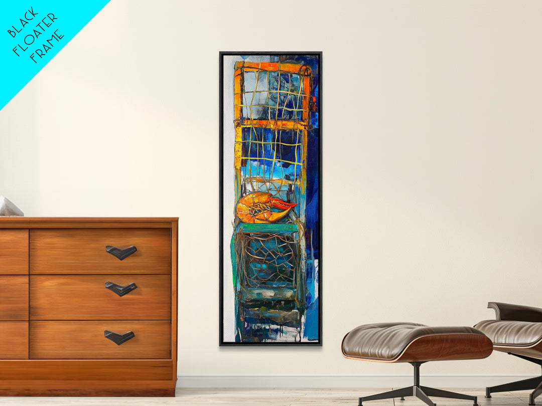 Crayfish painting, nautical wall art, rustic art, kitchen decor, fisherman painting, blue and orange, framed canvas print, gift idea