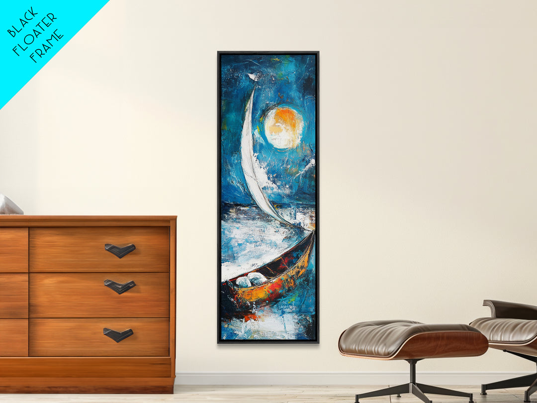 Sailboat, Moonlit Ocean, Nautical Wall Art, Coastal Landscape Art, Seascape Painting, Framed Canvas Print, Above Couch Art