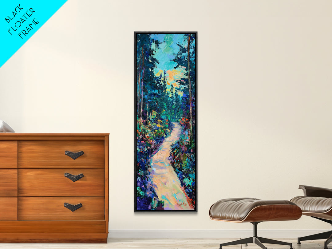 Abstract Forest Path, moody art, landscape painting, wildflower painting, pine tree art, framed canvas print, vertical wall art