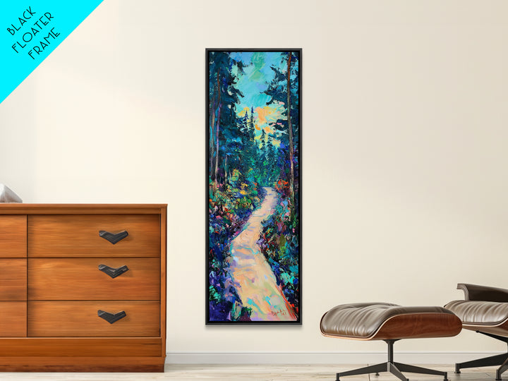 Abstract Forest Path, moody art, landscape painting, wildflower painting, pine tree art, framed canvas print, vertical wall art