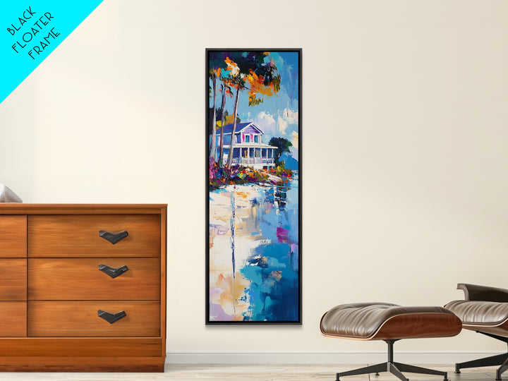 Beach House, Coastal Painting, Vibrant Landscape, Nautical Wall Art, Living Room Art, Above Bed Wall Art, Framed Canvas Print