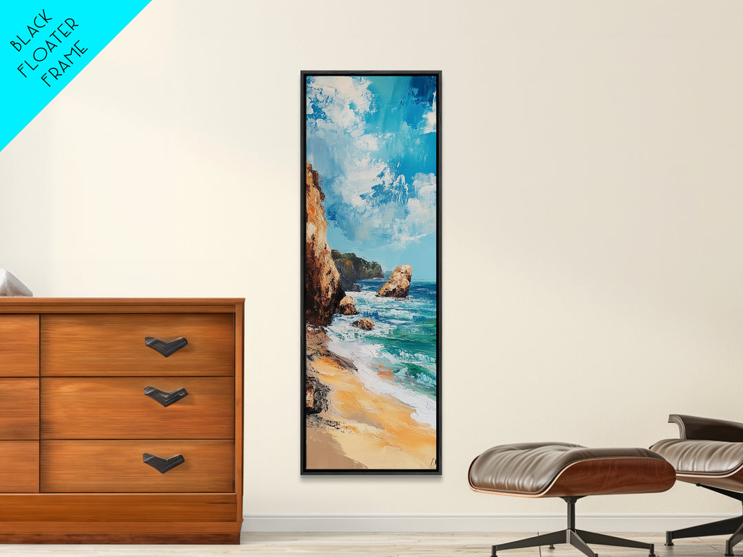 Coastal Beach, Ocean Waves, Rocky Shore, Framed Canvas Print, coastal decor, nautical wall art, seascape painting, rustic art