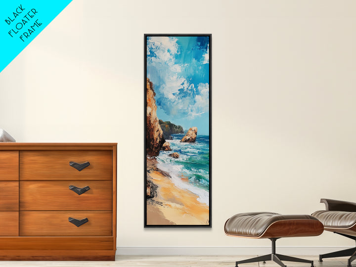 Coastal Beach, Ocean Waves, Rocky Shore, Framed Canvas Print, coastal decor, nautical wall art, seascape painting, rustic art