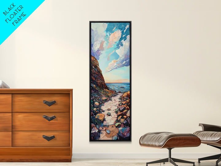 Rocky Coastline, Ocean Waves, Beach Path, Framed Canvas Print, coastal landscape art, farmhouse art, rustic décor