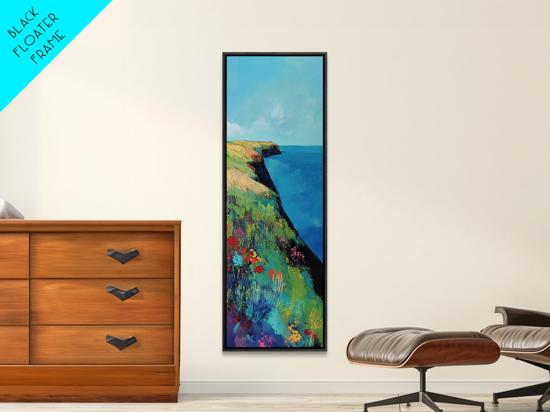 Coastal cliffs, Ireland painting, wildflower painting, landscape painting, framed canvas print, extra wide art