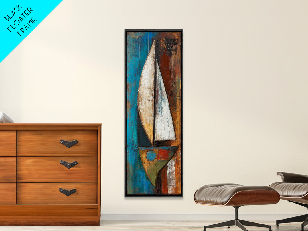 Abstract sailboat, nautical painting, long narrow wall art, framed canvas print, rustic art, extra wide art, blue and green wall art