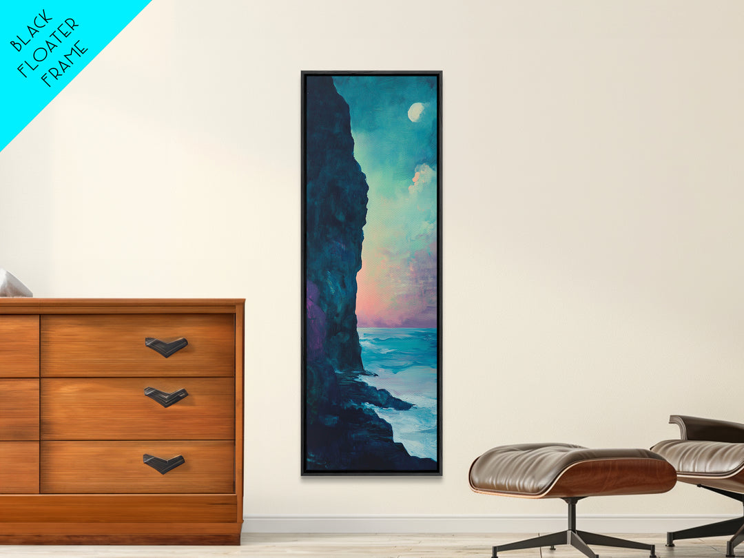 Cliffside Moon Painting, Moody Art, Coastal Wall Art, Landscape Painting, Ocean Art, Framed Canvas Print, Nautical Decor