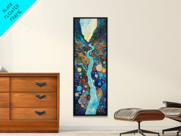 Abstract River, mosaic wall art, blue and green wall art, geometric wall art, whimsical art, framed canvas print, tall narrow art