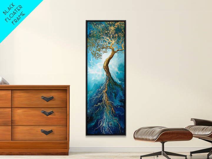 Rooted Tree, oak tree art, blue and green wall art, sacred geometry wall art, mystical art, framed canvas print, vertical wall art