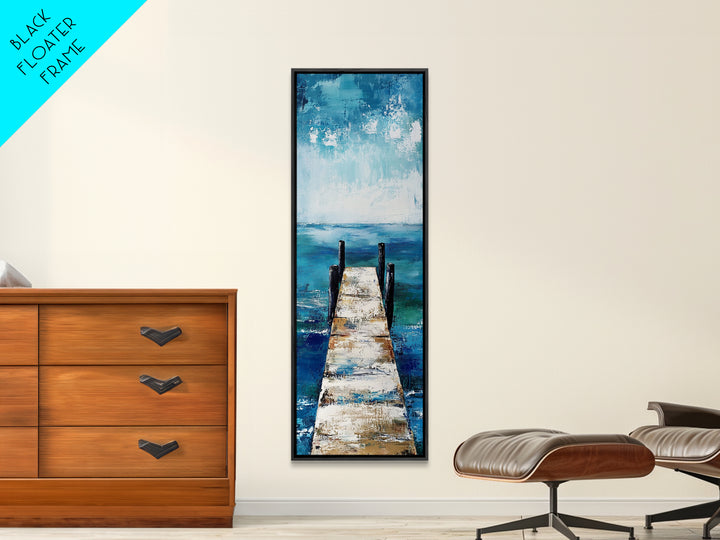 Dock on Water, Coastal Landscape Art, Nautical Wall Art, Seascape Painting, Rustic Decor, Tall Narrow Art, Canvas Print