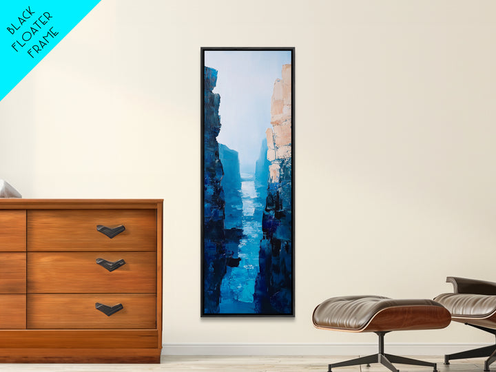 Canyon River View, landscape painting, blue and green wall art, nature lover gift, wabi sabi art, framed canvas print, vertical wall art