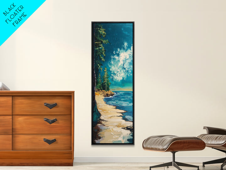 Pine Trees by the Lake, lake Tahoe art, coastal landscape art, pine tree art, nature lover gift, framed canvas print, vertical wall art