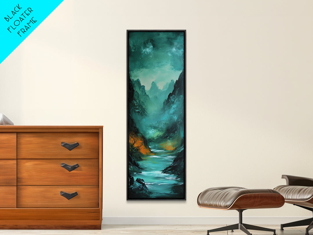 Dark Moody Landscape, Mountain Painting, Forest at Dusk Painting, Framed Canvas Print, Rustic Wall Art, Vertical Wall Art