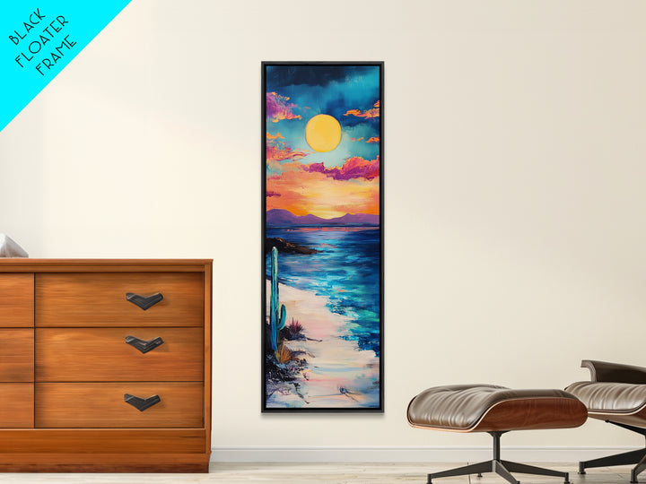 Desert Sunset, cactus painting, southwest wall art, coastal landscape art, framed canvas print, panoramic art