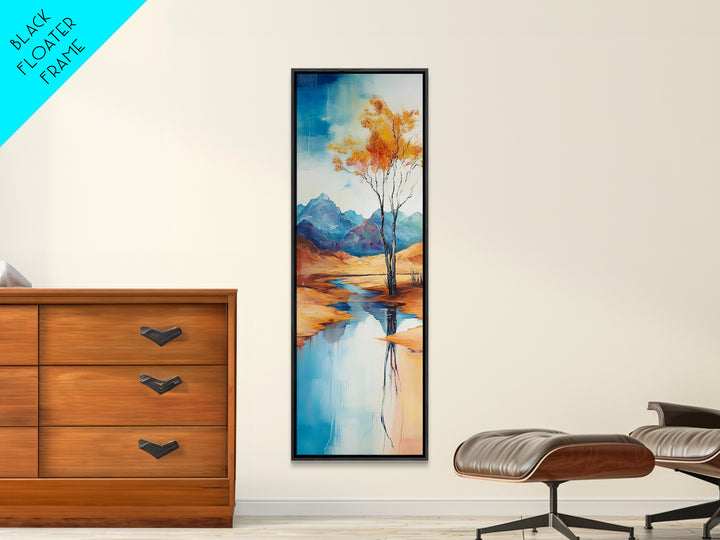 Autumn Reflections, landscape painting, birch tree art, above bed wall art, rustic wall art, framed canvas print, tall narrow art