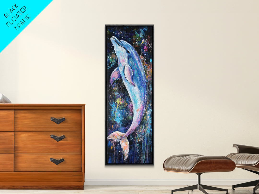 Cosmic dolphin, dolphin painting, ocean wall art, nautical painting, whimsical art, blue and green wall art, framed canvas print