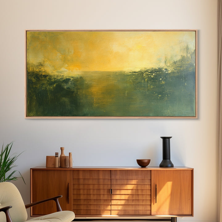 Abstract Landscape, Moody Art, Horizon Painting, Green Wall Art, Extra Wide Art, Panoramic Art, Framed Canvas Print, Living Room Art