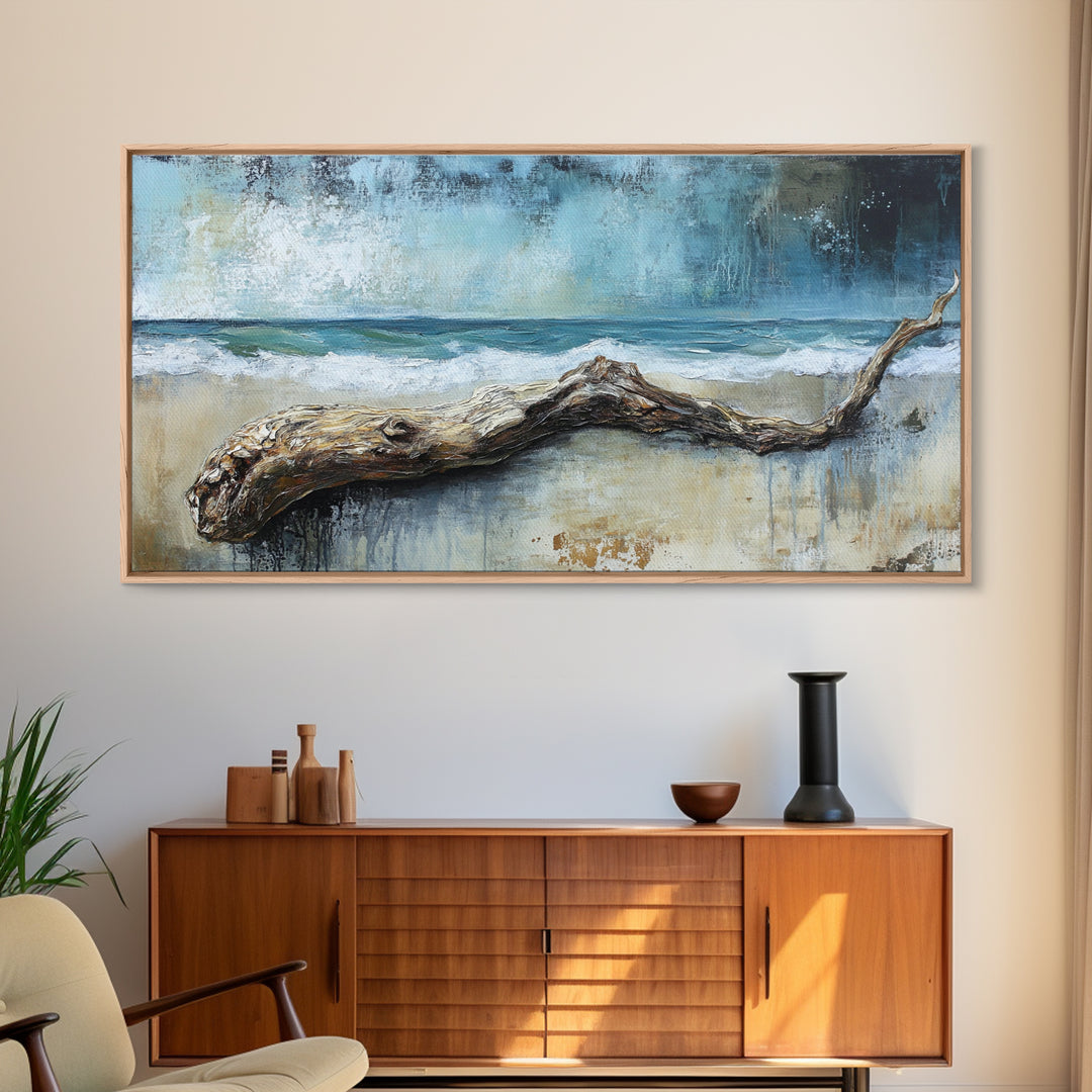 Driftwood Beach, Coastal Landscape Art, Nautical Wall Art, Seascape Painting, Blue and Green Wall Art, Framed Canvas Print, Coastal Decor