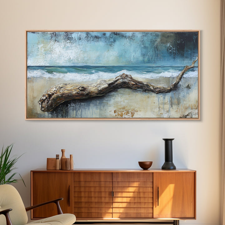 Driftwood Beach, Coastal Landscape Art, Nautical Wall Art, Seascape Painting, Blue and Green Wall Art, Framed Canvas Print, Coastal Decor