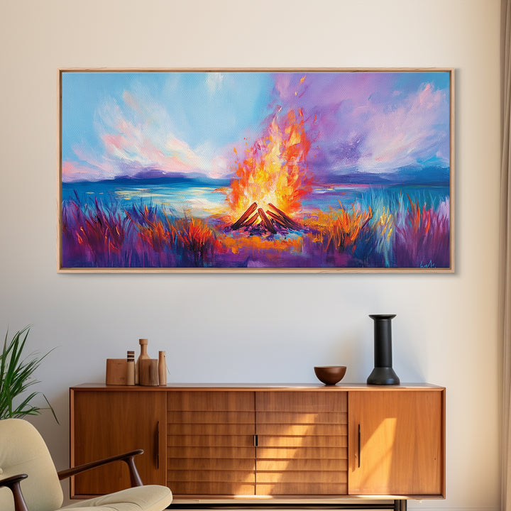 Bonfire at Sunset, Coastal Wall Art, Pink Orange Wall Art, Extra Wide Art, Horizontal Wall Art, Framed Canvas Print, Moody Art