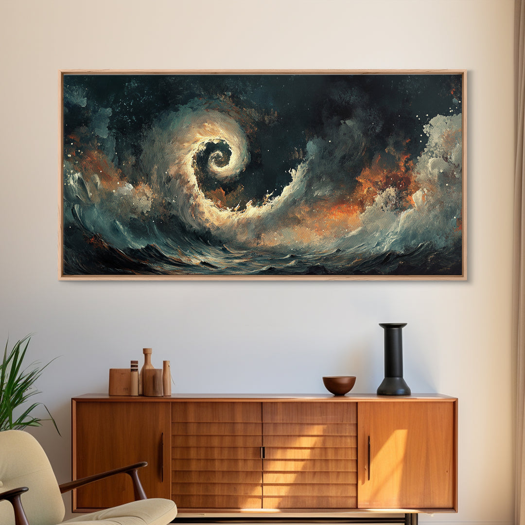 Ocean Storm, moody art, seascape painting, nautical wall art, Ozymandias art, extra wide art, dramatic waves, Framed Canvas Print