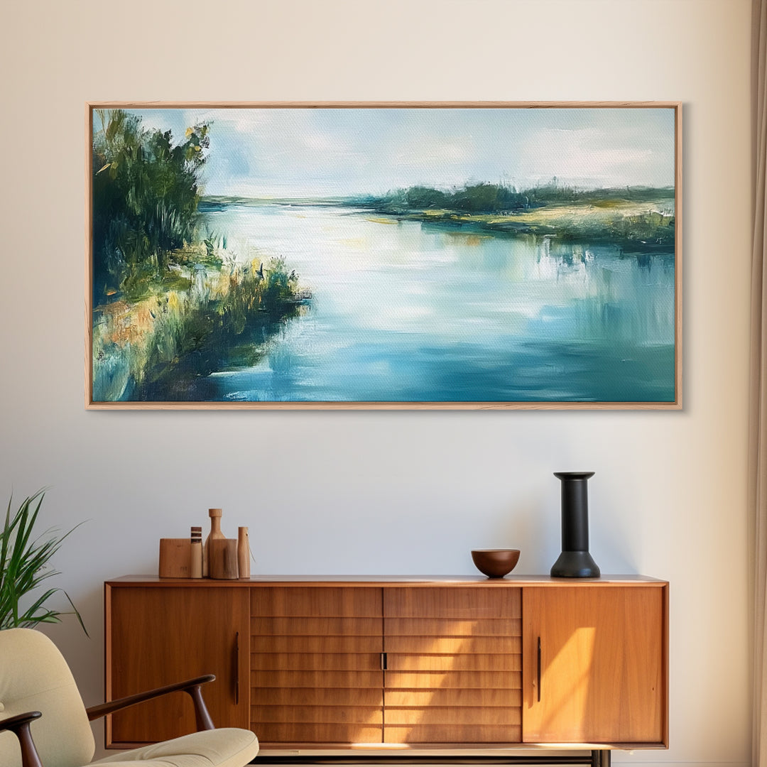 River Reflection, landscape painting, rustic wall art, sage green wall art, farmhouse art, coastal art, extra wide art, Canvas Print