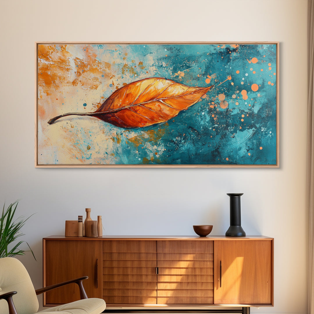 Autumn Leaf, fall painting, teal wall art, botanical prints, moody art, textured painting, gift idea for her, Canvas Print