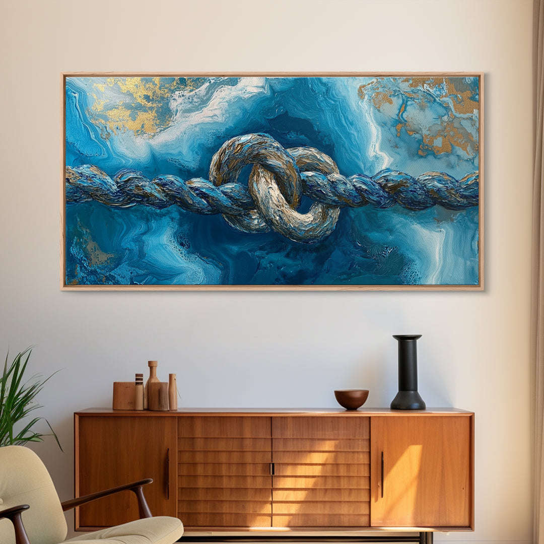 Ocean Rope, nautical decor, blue and gold wall art, coastal painting, seascape painting, horizontal wall art, Framed Canvas Print